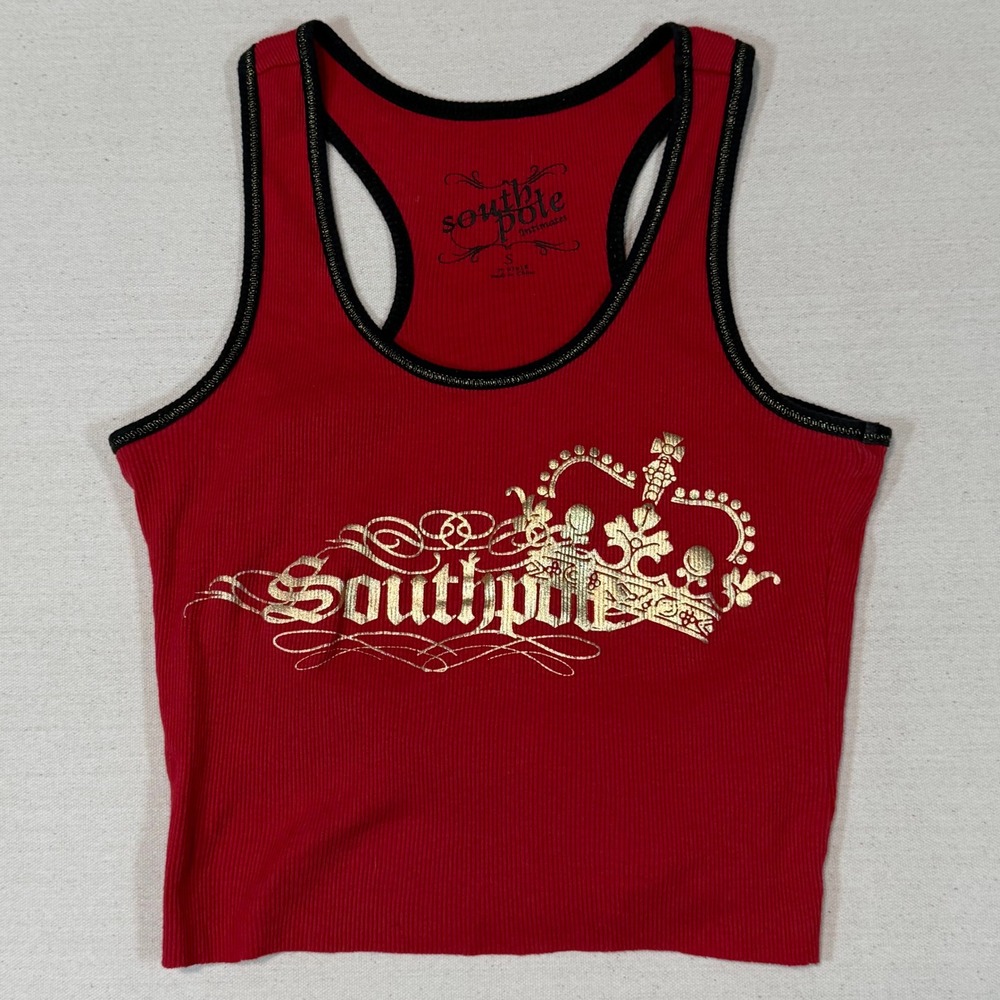 Southpole Intimates Red Ribbed Tank Top Gold Crown Graphic Y2K Racerback Small